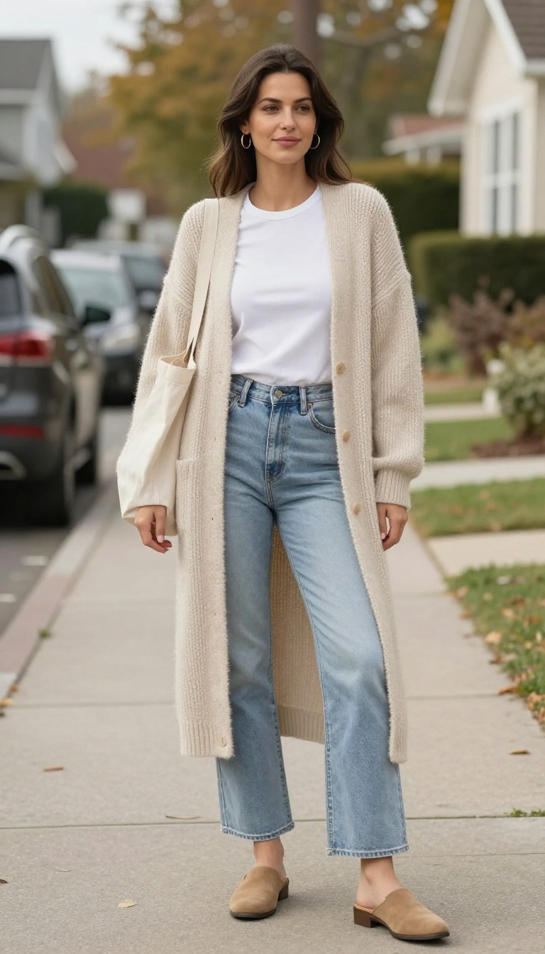 5. Chunky Knit Cardigan and Light Wash Flares with Mules