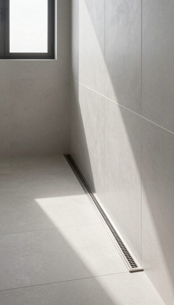Modern walk-in shower with large gray tiles and a sleek linear drain along the wall in bright natural light