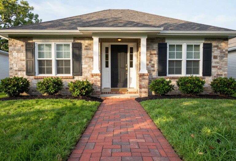 Classic red brick front walkway curving through a green lawn toward a home entrance in bright natural light