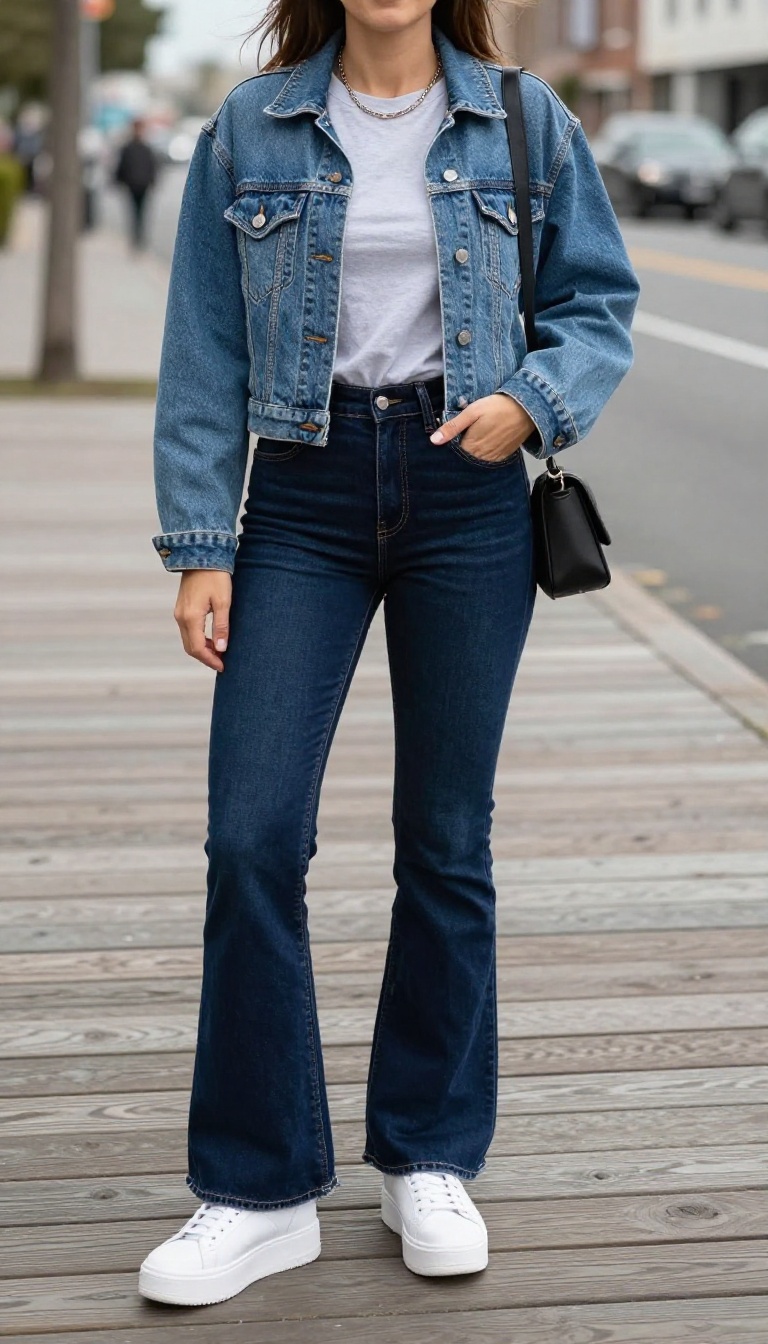 10. Denim Jacket + Flared Jeans + Graphic Tee