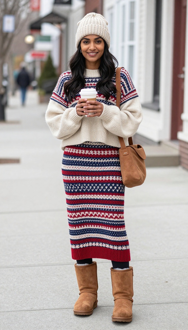 10. Patterned Fair Isle Skirt with Solid Sweater and Uggs