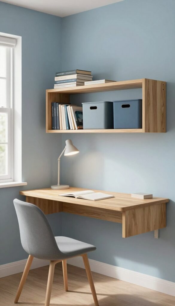 Teenage boy's bedroom study corner with a built-in floating desk, gray desk chair, task lamp, and overhead shelves holding books and storage bins in calming blue and gray tones.