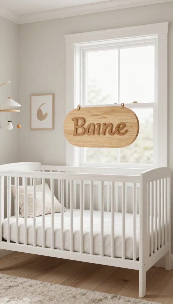 Bright cozy baby boy nursery with a single wooden name sign above a white crib and minimal neutral wall decor