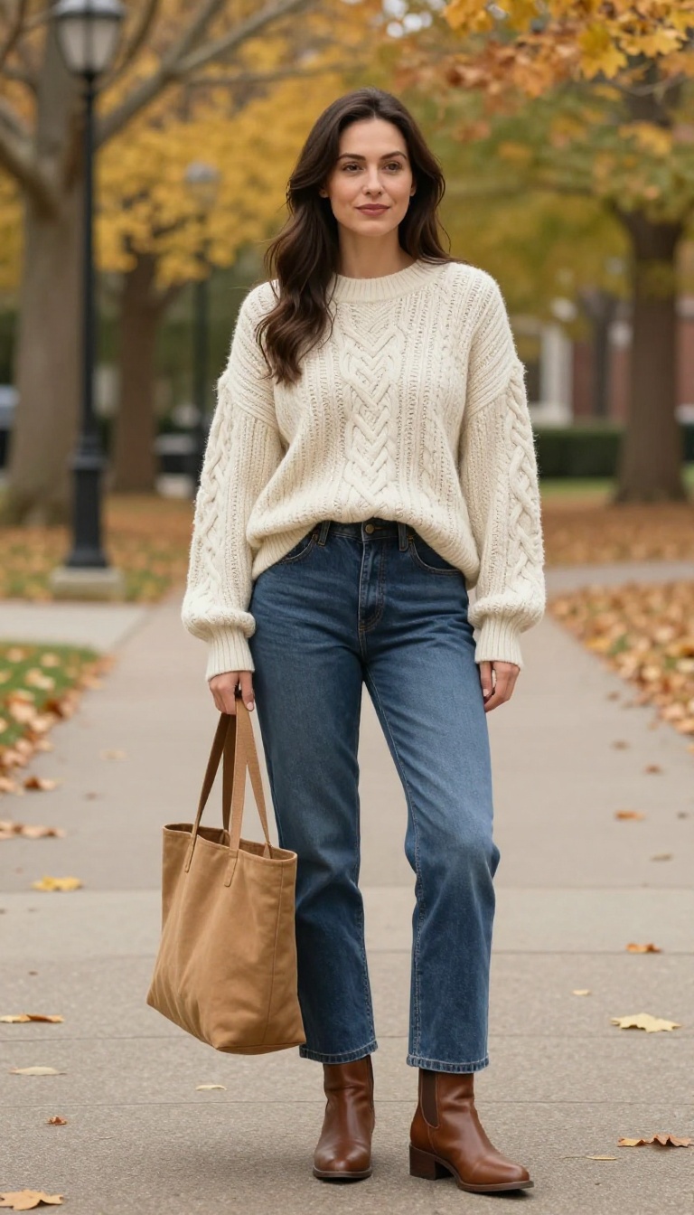 1. Oversized Cable-Knit Sweater and Straight-Leg Jeans