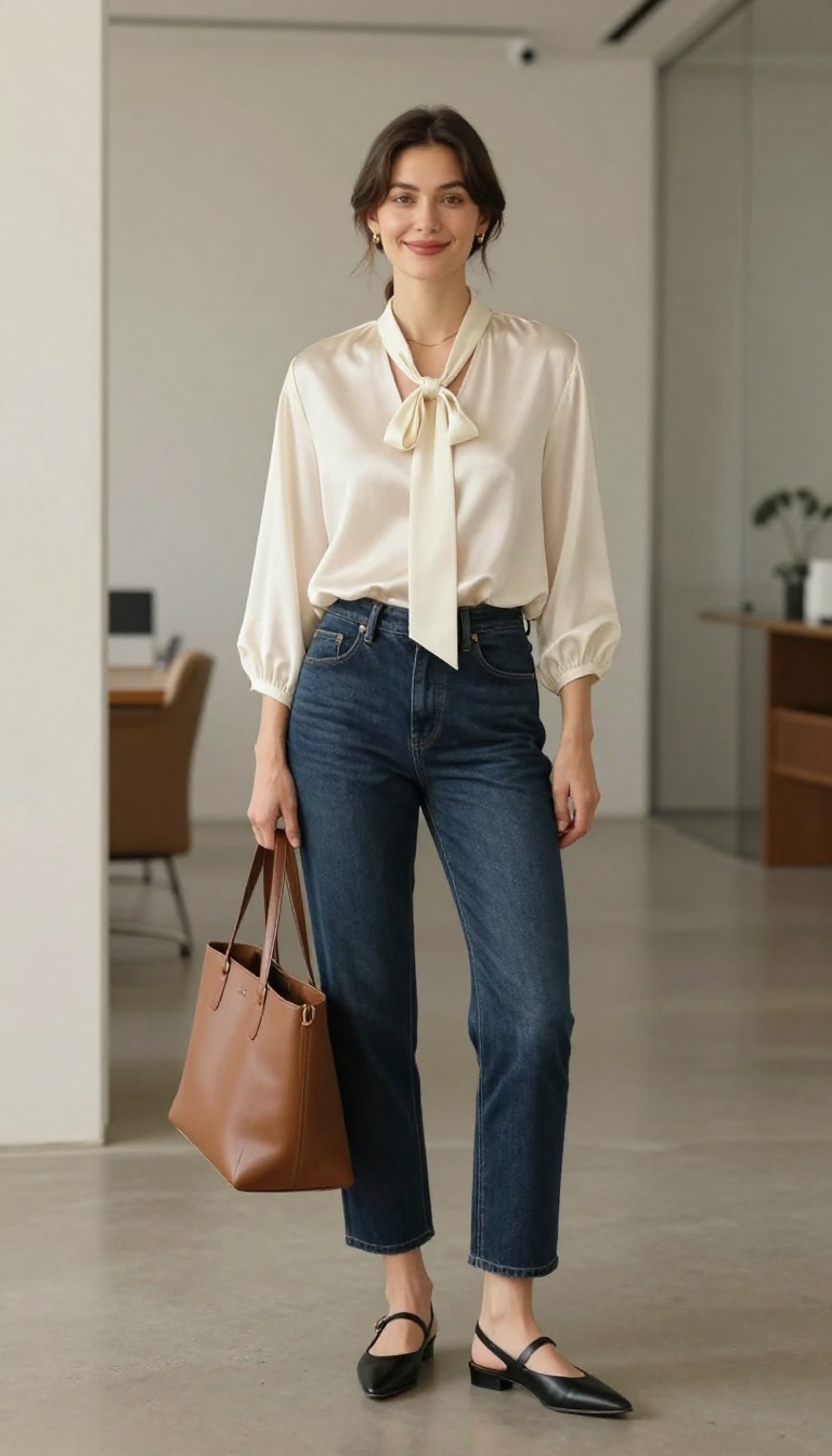 11. Cropped Jeans with a Blouse and Slingback Flats