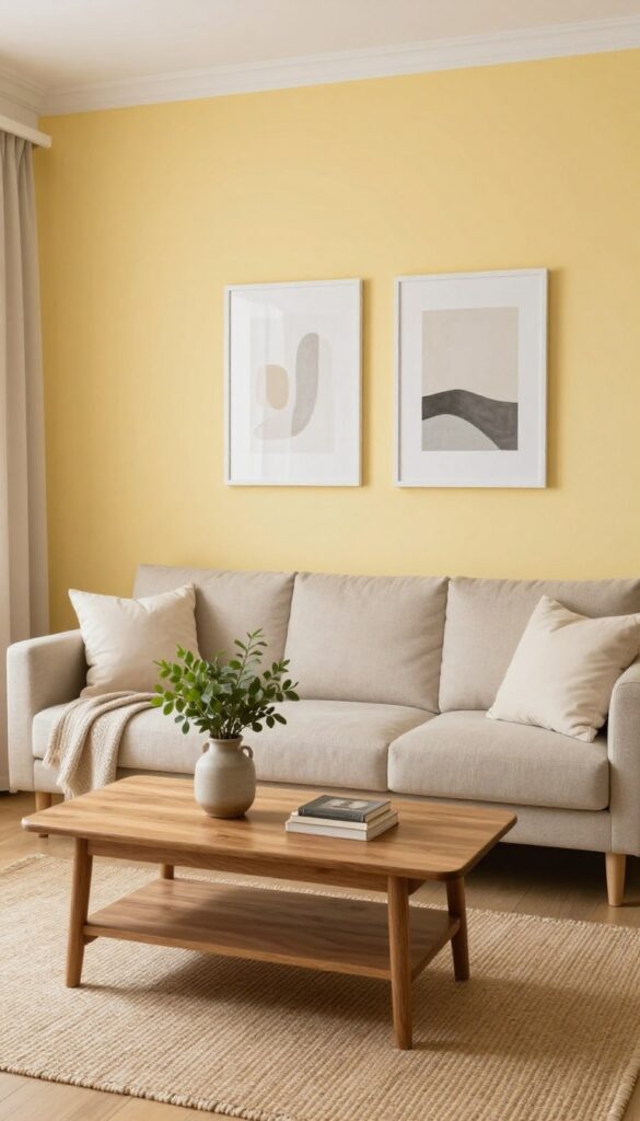 Soft butter yellow accent wall behind a beige sofa in a bright, cozy living room with white-framed art and a walnut coffee table.