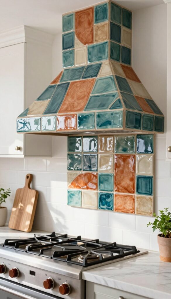 A kitchen range hood covered in patterned handmade ceramic tiles in teal, terracotta, and cream above a stainless steel stove with a white subway tile backsplash and marble countertop in bright natural light.