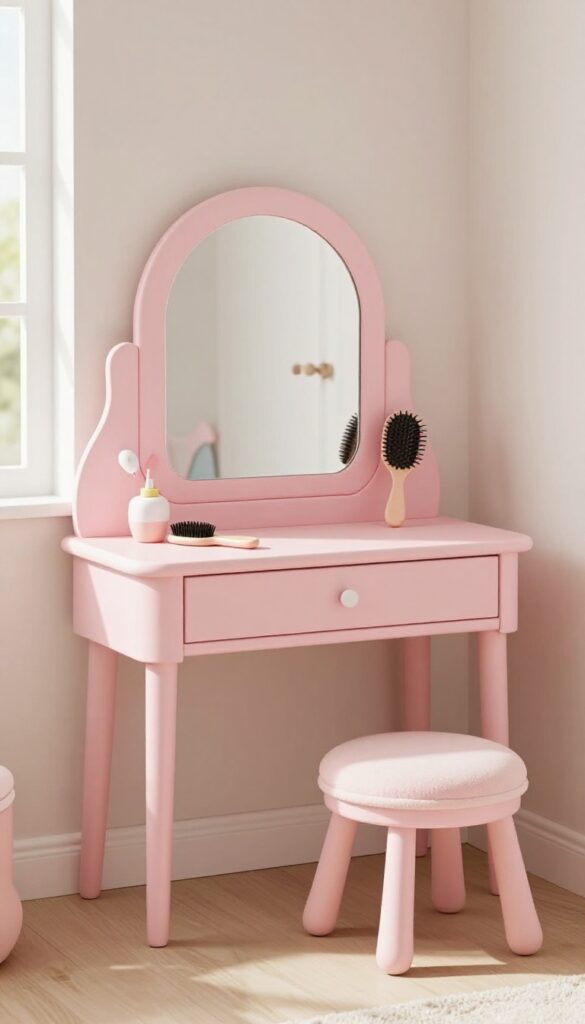 A bright toddler bedroom corner with a low pastel pink vanity table, a securely mounted shatterproof mirror, child-safe brushes, and a small cushioned stool in soft natural light.