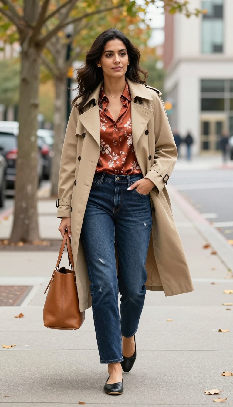 6. Straight Jeans + Silk Blouse + Trench Coat