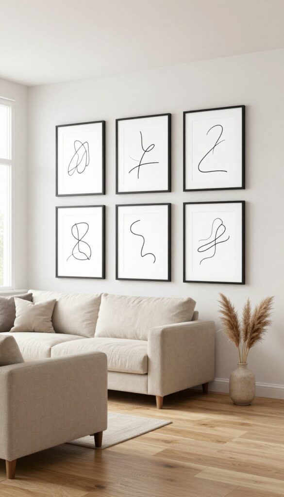 Minimalist Scandinavian living room with a gallery wall of thin black-framed abstract line art prints on a white wall, neutral sofa, and bright natural light.