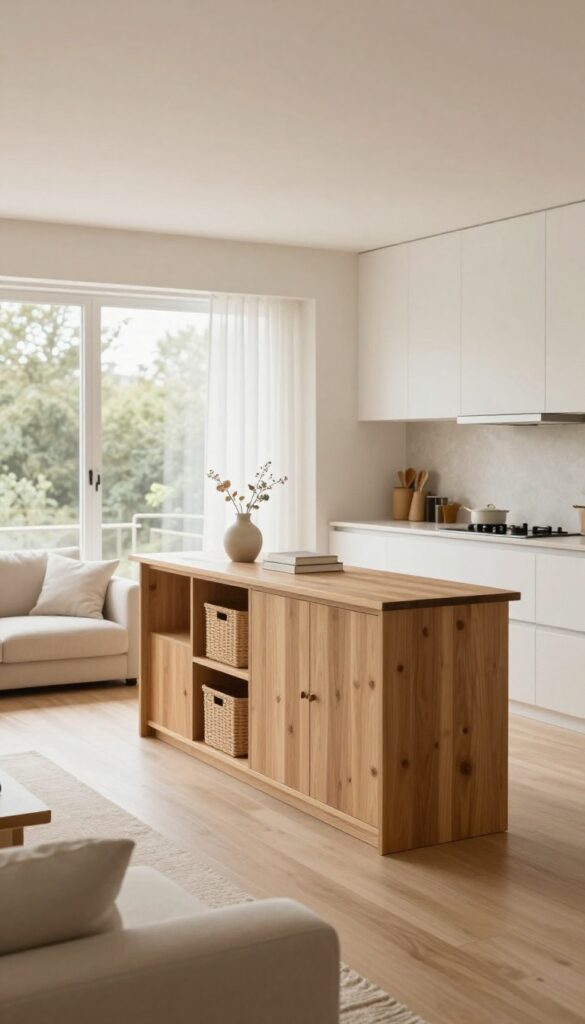 Tall wooden storage cabinet with a wood countertop dividing an open kitchen from a bright living room, styled with baskets and decor in natural daylight