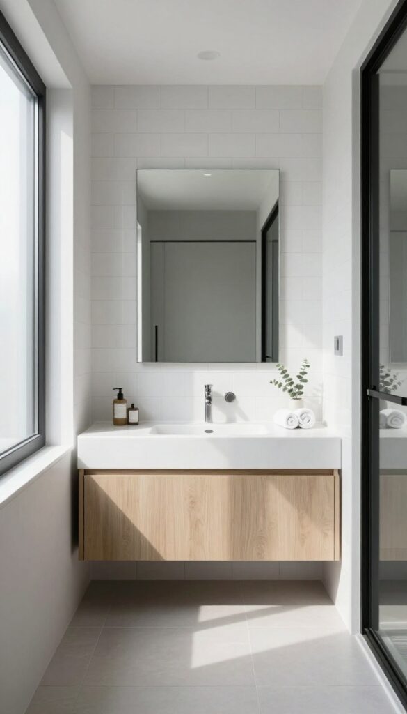Bright narrow bathroom with a slim floating wood vanity, compact sink, frameless mirror, and open floor space beneath, styled with a small towel and eucalyptus sprig