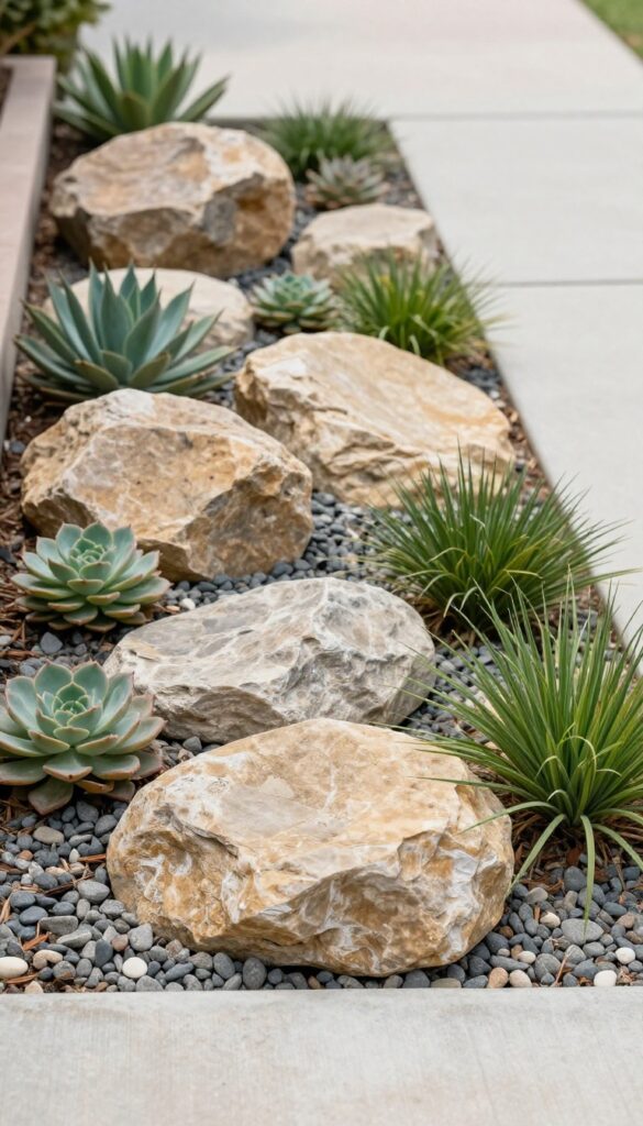 Mixed-texture front yard rock garden with river rocks, gravel, boulders, and drought-tolerant plants beside a walkway in bright natural light