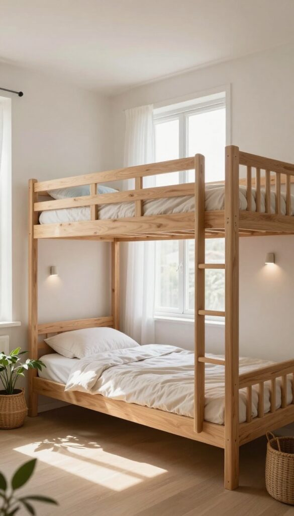 Bright small bedroom with wooden platform bunk beds built along a window wall, sheer curtains framing the window and soft neutral bedding reflecting natural light