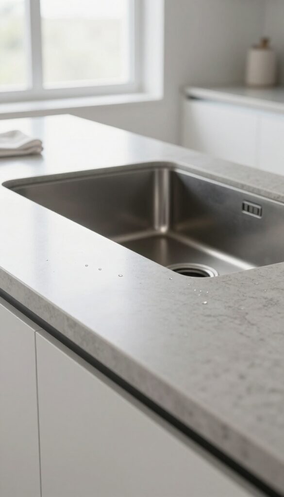 Modern kitchen with a stainless steel undermount sink set seamlessly beneath a polished quartz countertop in bright natural light