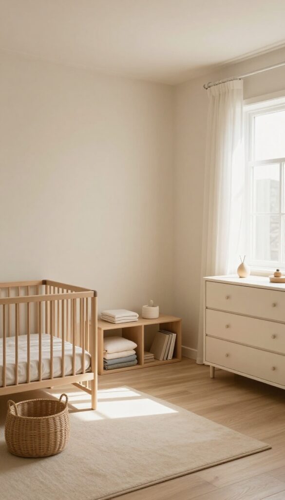 Bright shared bedroom with a crib in one corner, a small baby care dresser, a slim open bookshelf divider, and a tidy adult storage area on the opposite wall, all in soft neutral tones.