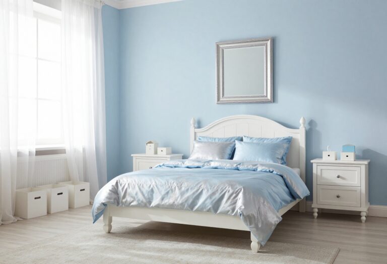 Bright Cinderella-inspired kids bedroom with a soft blue and silver palette, white curved bed, and hidden storage