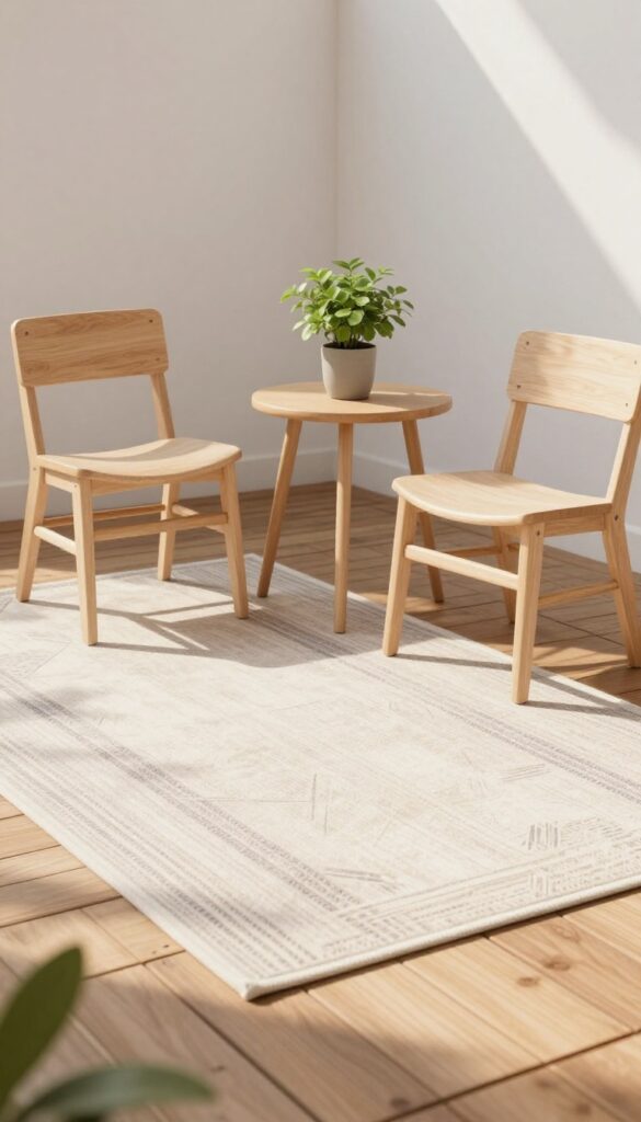 Cozy small wooden deck with a compact patterned outdoor rug defining a seating area under two chairs and a side table in bright natural light