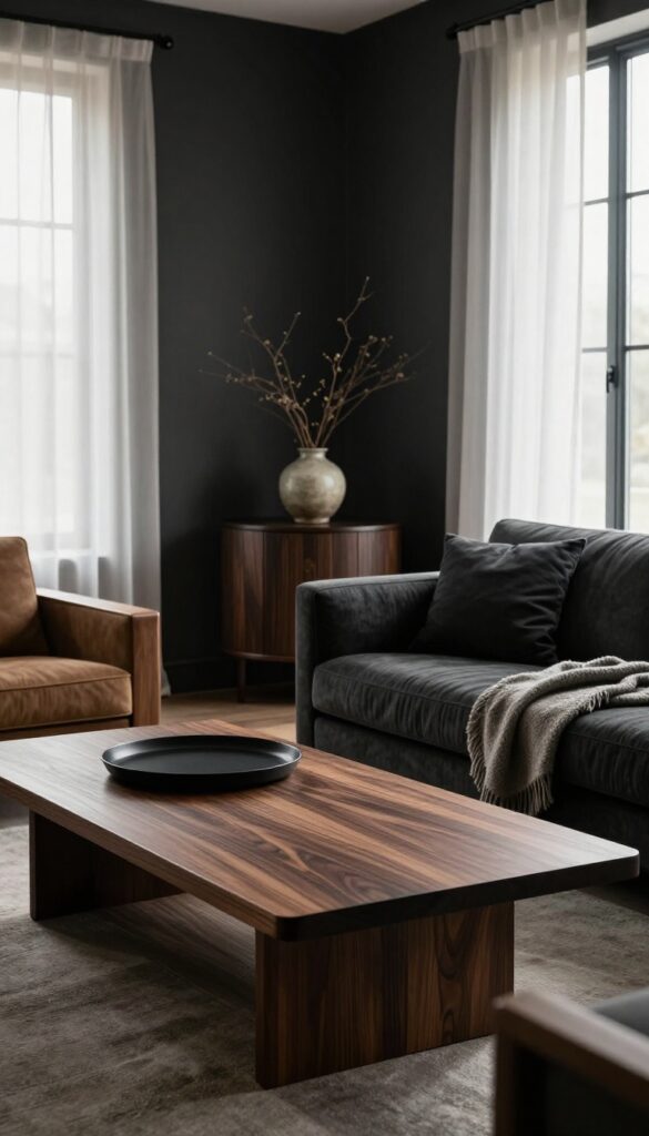 Moody living room with dark walnut coffee table, espresso console, and stained oak side table in bright natural light