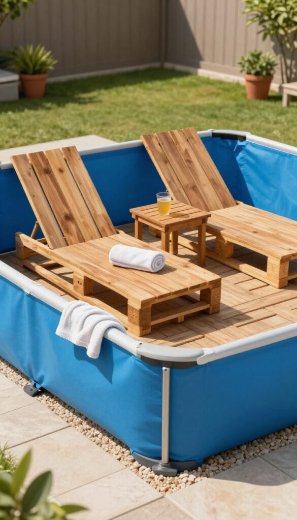 Repurposed wooden pallet platform deck with lounge chairs and towels beside a bright blue above ground pool in a sunny backyard