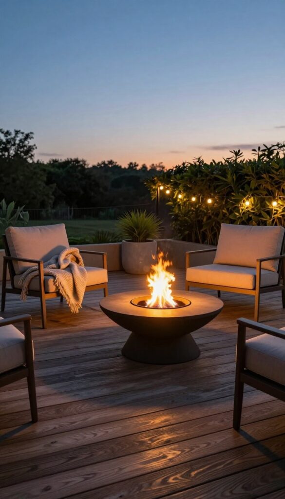 Cozy outdoor deck at dusk with a small tabletop fire bowl burning, surrounded by neutral chairs and soft string lights, casting warm flickering shadows on the wooden deck.