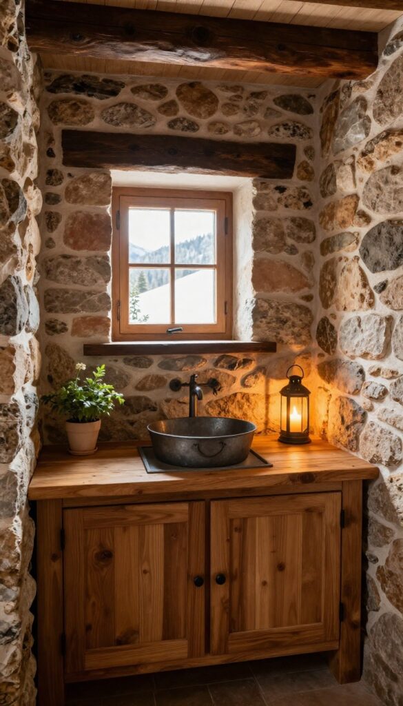 Cozy rustic cabin bathroom with rough stone brick walls, wooden beams, a cauldron sink on a slab countertop, and warm lantern light