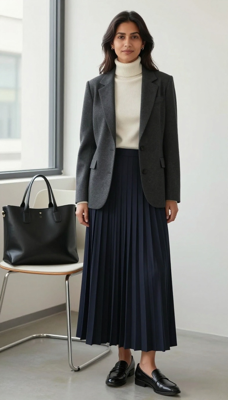 3. Pleated Maxi Skirt with a Blazer and Loafers for Work
