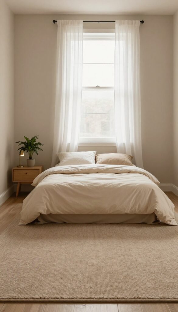 Cozy bedroom with soft earth-toned clay and taupe carpet, neutral bedding, wood nightstand with brass lamp, and a green potted plant in bright natural light