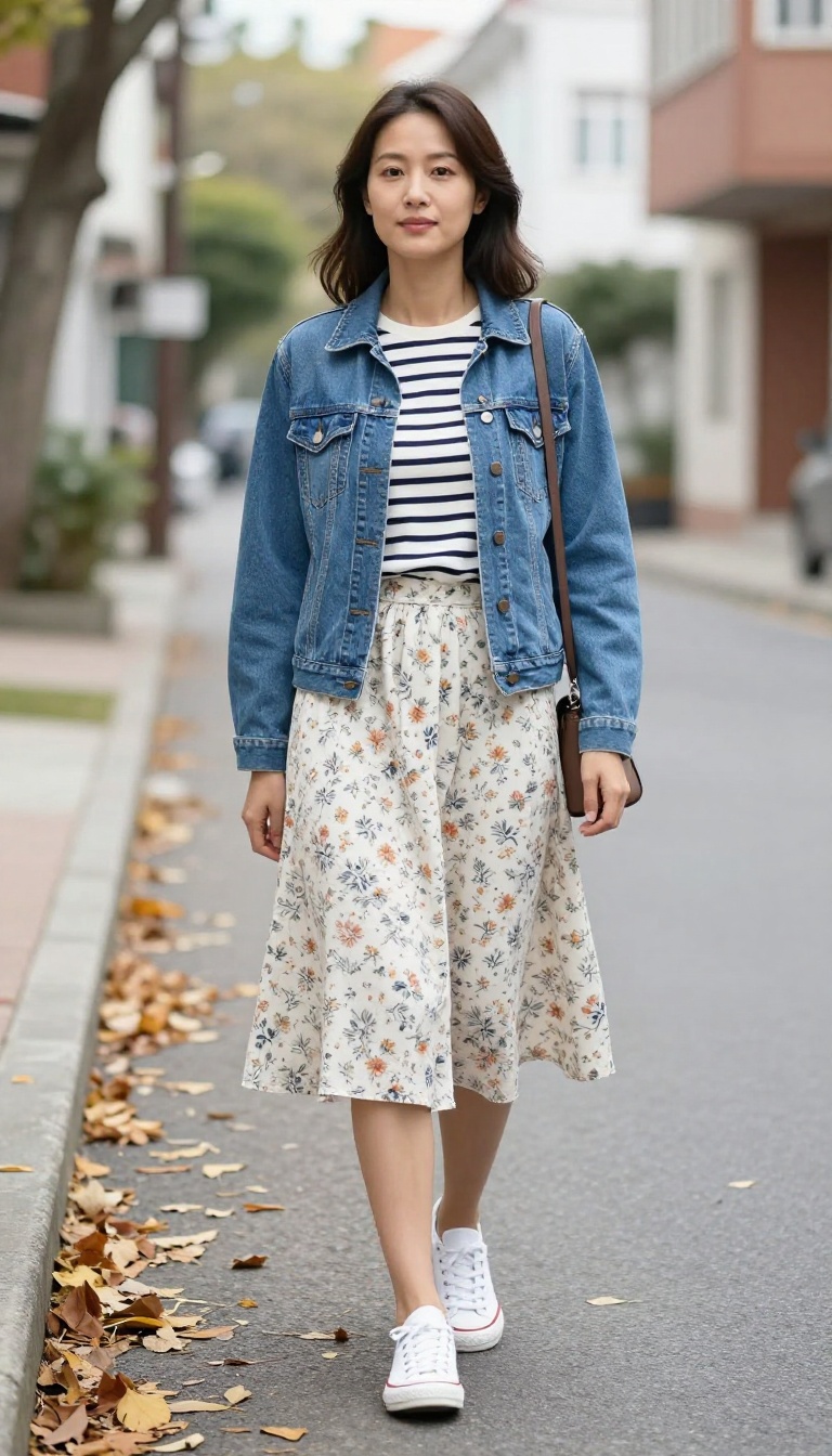 3. Floral Skirt with a Denim Jacket and White Sneakers