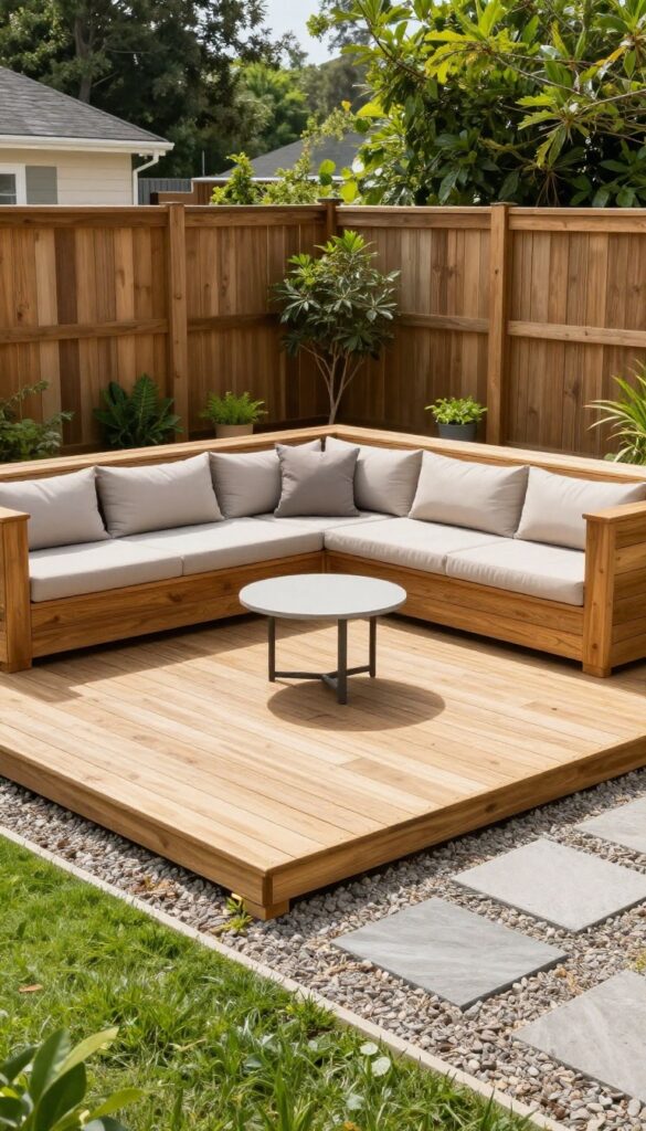 Low ground-level wooden deck wrapping around a small backyard corner with L-shaped outdoor seating and gravel edging