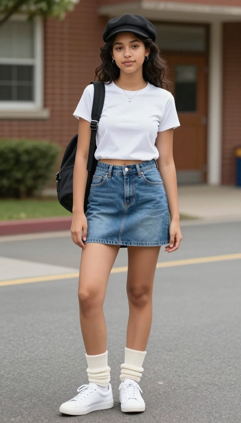 4. Denim Mini Skirt + Baby Tee + Leg Warmers