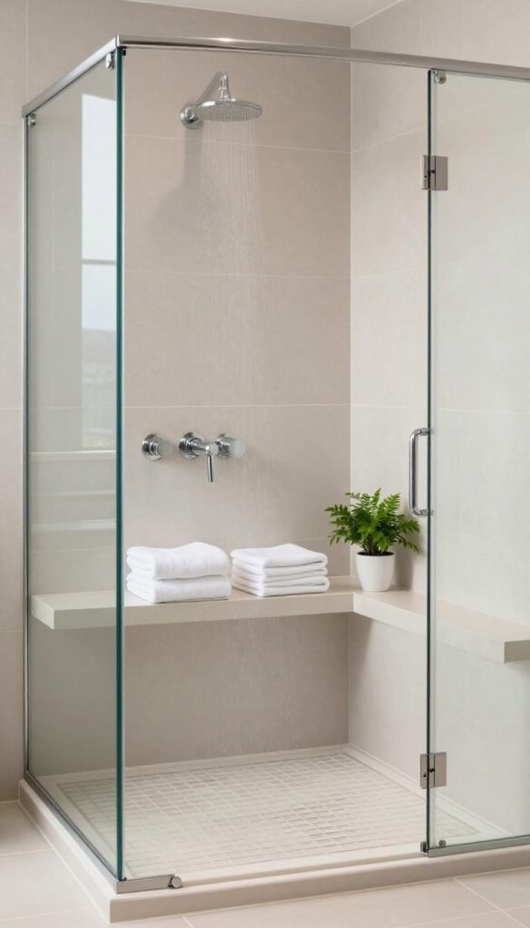 Bright modern shower with a built-in tiled bench seat and soft natural light, styled with folded towels and a small plant.