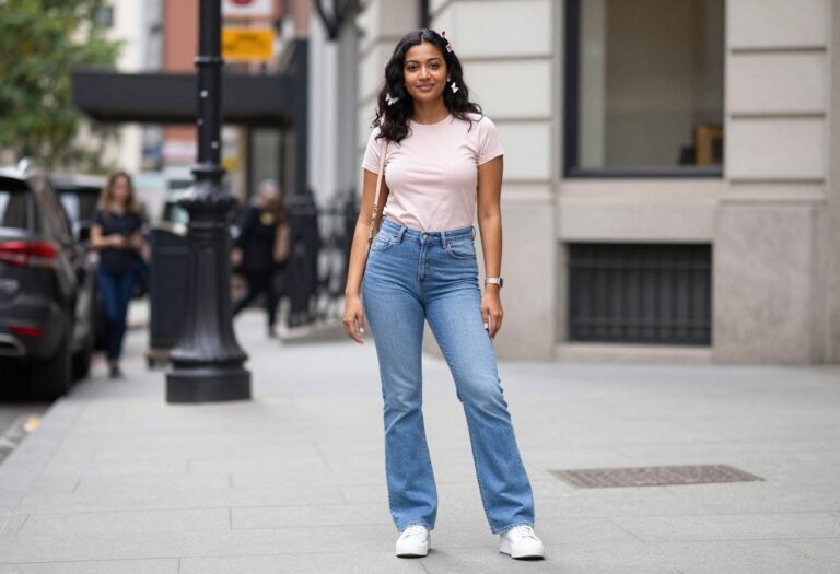 Woman wearing a Y2K girly outfit with a baby tee, low-rise flared jeans, and platform sneakers, standing on a city street.