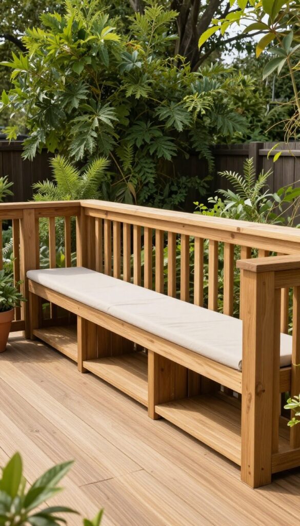 Built-in wooden bench seating along the railing of a sunlit backyard deck with slim outdoor cushions