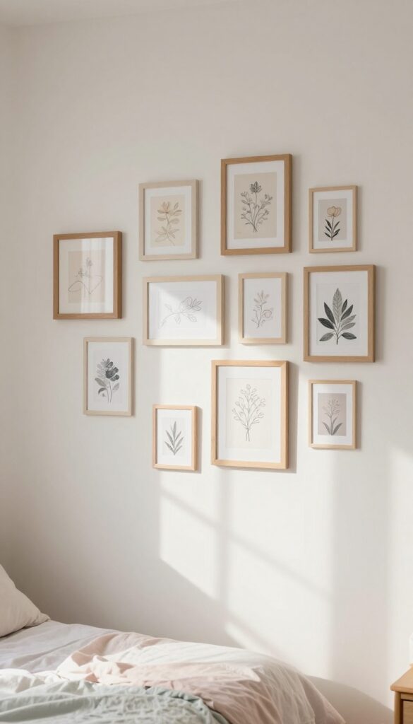 Bright teen girl's bedroom wall decorated with a neat gallery wall of varied frames, art prints, and album covers above a cozy bed in natural light