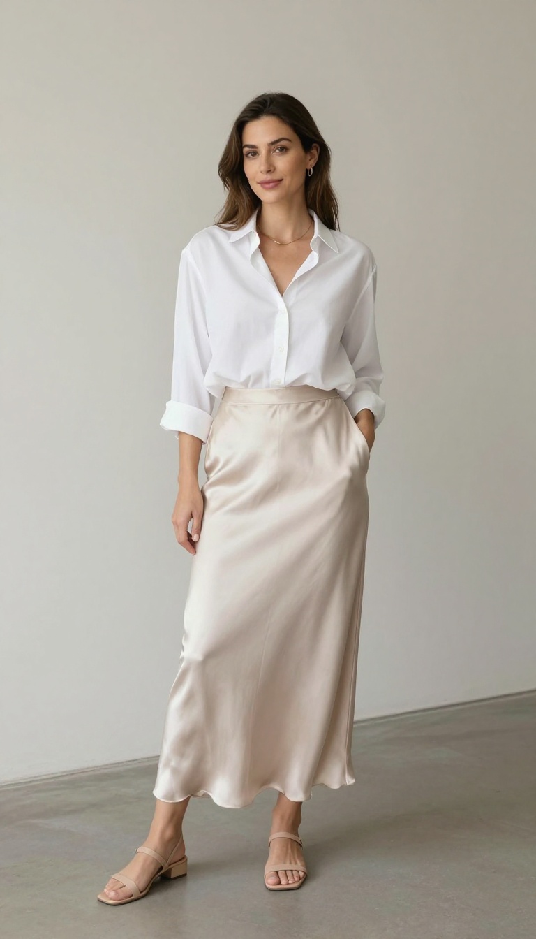 2. Silk Slip Skirt with a Crisp White Shirt