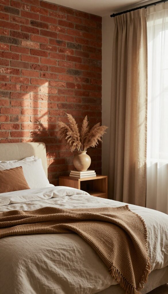 Cozy bedroom with an exposed brick wall and earthy clay, olive, tan, and soft brown accents, layered linen bedding, natural light, and simple rustic decor.