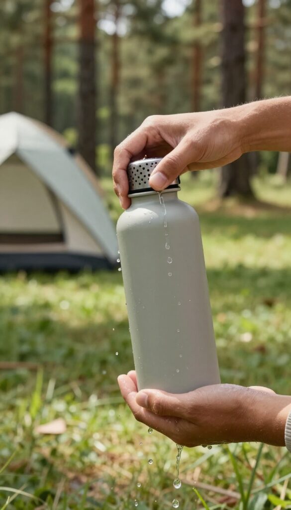 Hands squeezing a plain reusable bottle with a hole-poked cap to rinse an arm at a sunny campsite