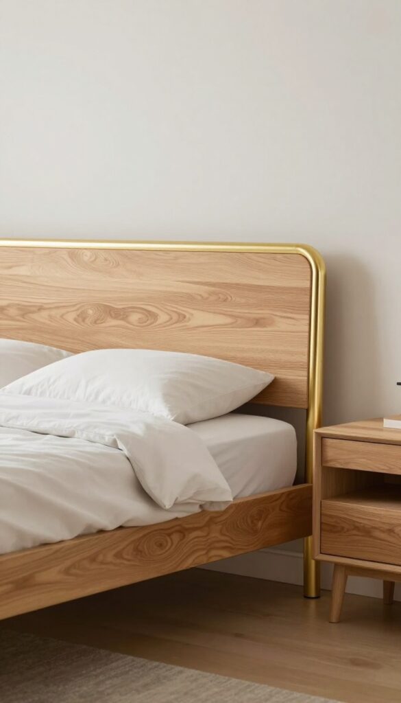 4. Gold Bed Frame With Warm Wood Accents idea