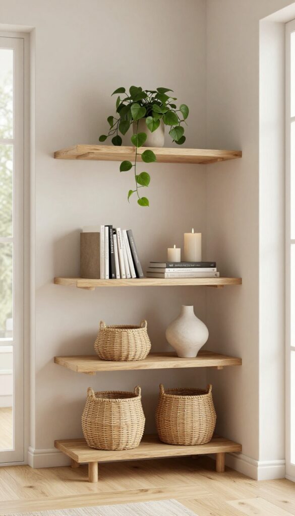 Bright living room corner with a tall wooden corner shelf styled with books, baskets, a trailing plant, candles, and a sculptural vase in warm natural light
