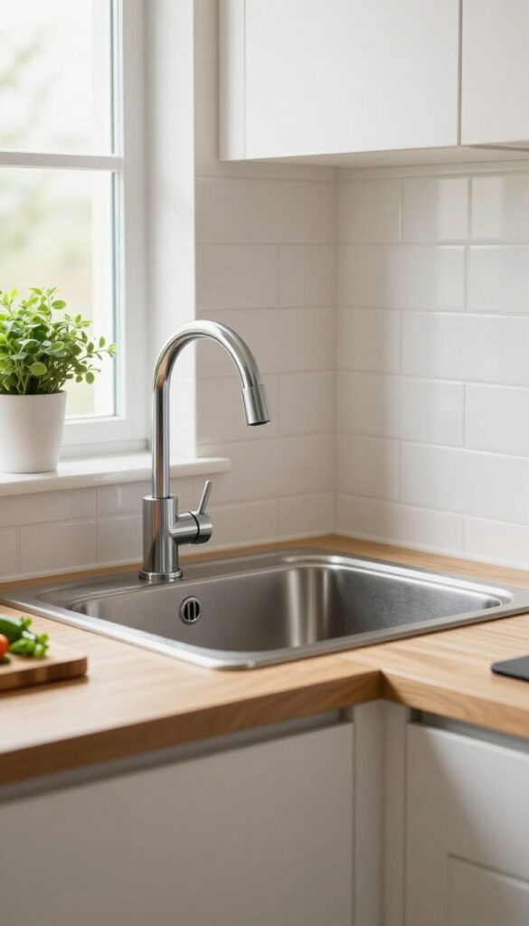 Bright modern kitchen corner with an angled stainless steel corner sink, chrome faucet, white subway tile backsplash, and wood countertops in natural light