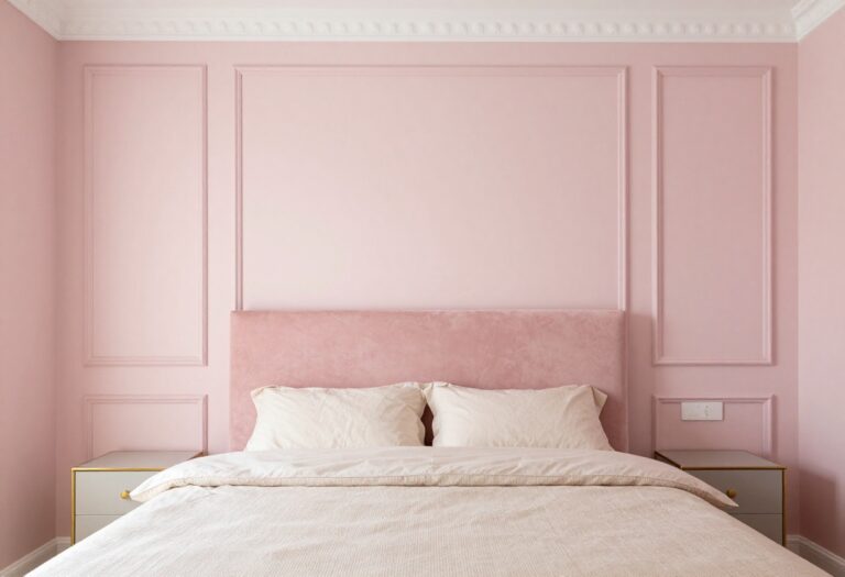 Blush pink accent wall with crown molding and velvet pink headboard in a polished princess bedroom with cream bedding and brass accents