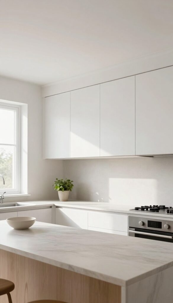 Bright modern small kitchen with white upper cabinets extended to the ceiling and crown molding, creating a taller, cleaner look with natural light.