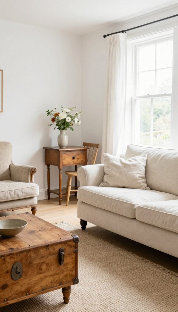 Bright cottage living room with a mix of vintage-inspired mismatched furniture including a cream sofa, worn accent chair, antique side table, and wooden trunk coffee table in natural light