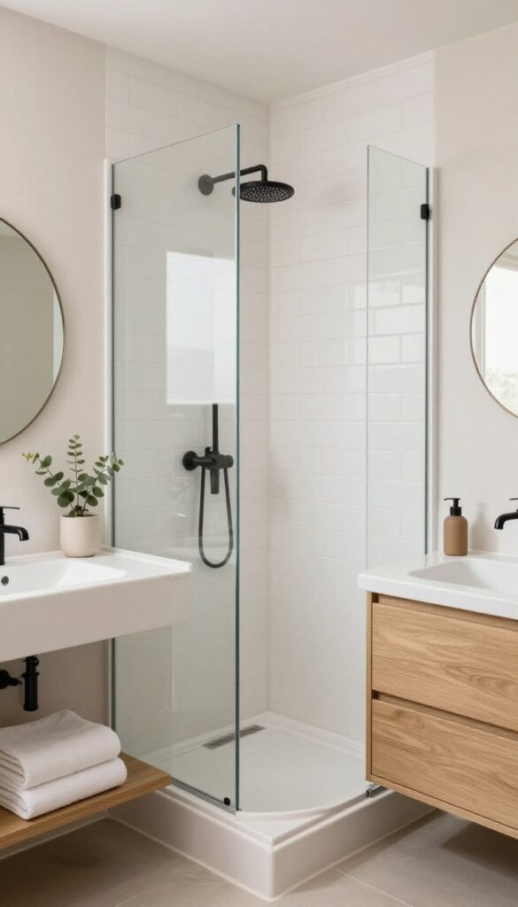 Small bright bathroom with a walk-in shower divided by a tiled half wall topped with a quartz cap and clear glass panel, next to a light wood floating vanity and round mirror