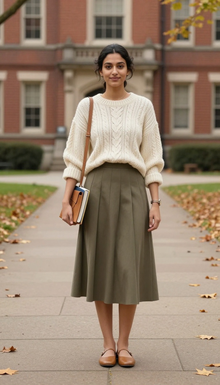 2. Cable-Knit Sweater and Pleated Skirt