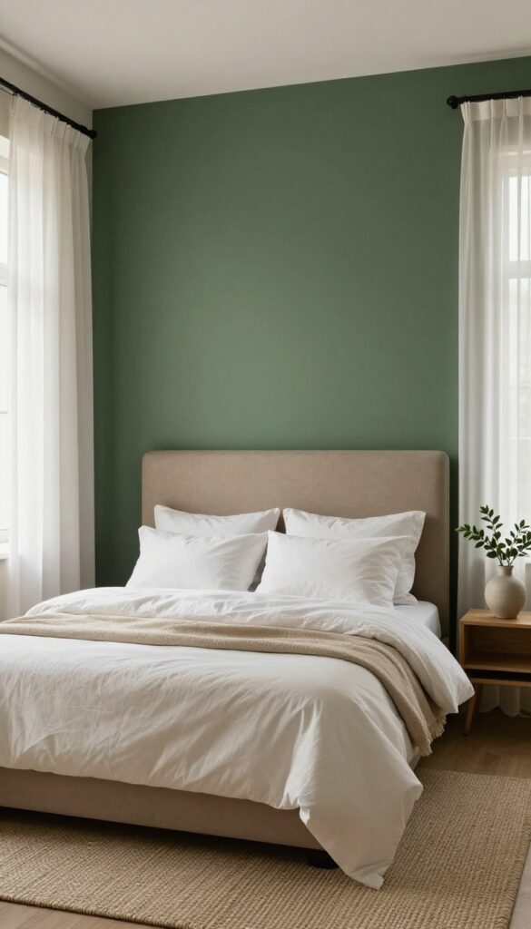 Guest bedroom with a deep muted green accent wall behind the bed, a tall upholstered headboard, and crisp neutral bedding in bright natural light