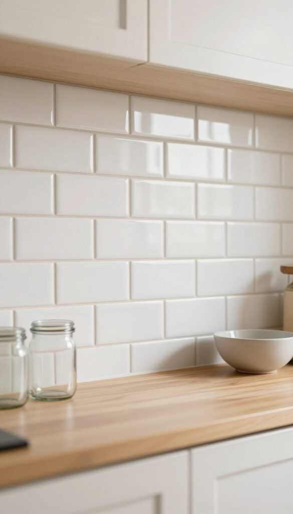 Warm white subway tile kitchen backsplash with warm beige grout in a bright cozy kitchen
