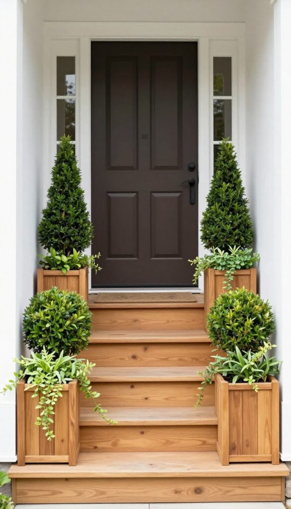Cedar elevated planter boxes with boxwood shrubs symmetrically framing a front entrance staircase in bright natural light