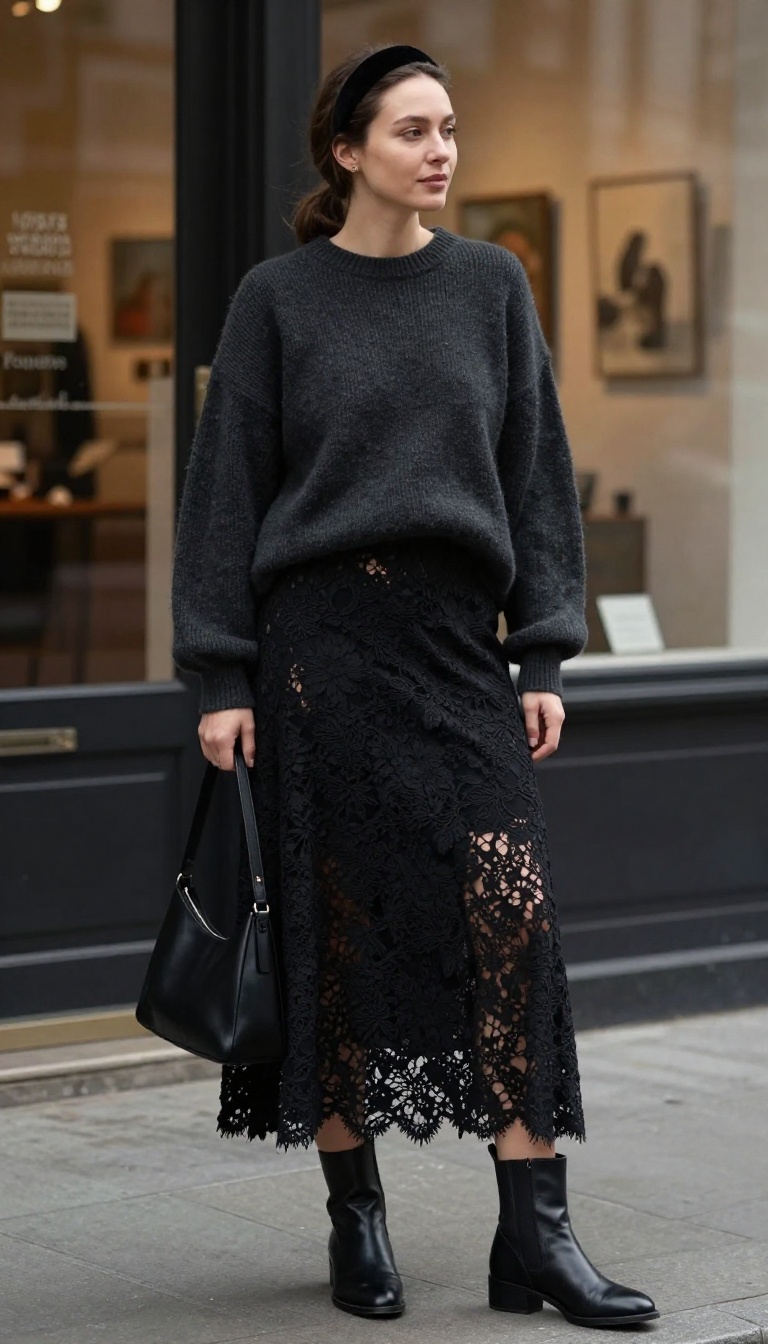 7. Dark Romantic: Lace Midi Skirt + Knit Sweater + Ankle Boots